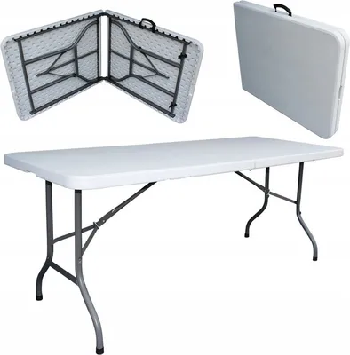 A collage of images showing a white folding table in different states: fully assembled, folded in half, and folded completely for storage.
