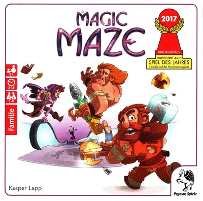 The cover art for the board game Magic Maze, featuring cartoon characters running.