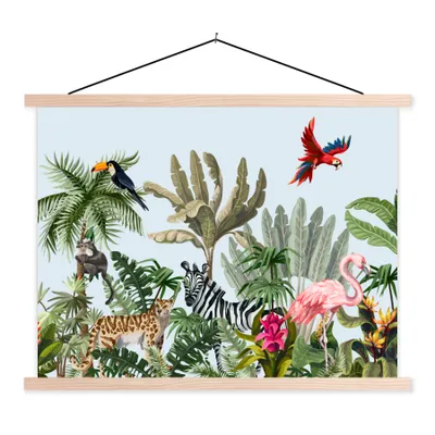 Produktbild von MuchoWow® Textilposter Dschungel - Flamingo - Affe - Jungen - Mädchen - Kinder 60x45 cm mit holzfarbenen Rahmen - Bild