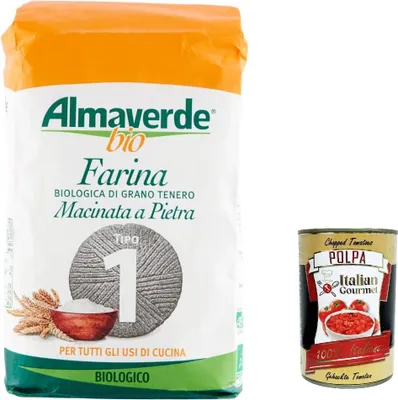 Produktbild von 10x Almaverde  -Biologischer Weizenmehl Typ "1" für alle Kochen verwendet 1000 g + Italian Gourmet polpa 400g