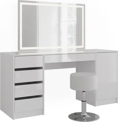 Produktbild von Schminktisch Vicco Sherry Weiß/Weiß Hochglanz 158.2 cm mit LED-Spiegel und Hocker, Model 57666