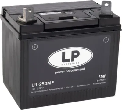 A black battery with silver terminals and labels.