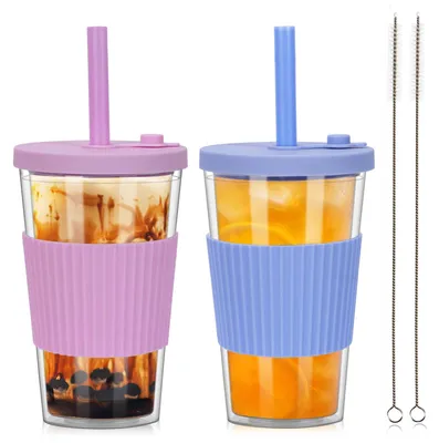 Bubble Tea Becher 500 ml, 2 Stück, mit Strohhalm, Plastik, wiederverwendbar