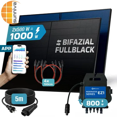 Produktbild von SUNNIVA® 1000W Balkonkraftwerk BIFAZIAL FULLBLACK komplett Steckdose AP Systems EZ1-M 800 W Wechselrichter, Komplettset 2x500W Solaranlage Solarmodule