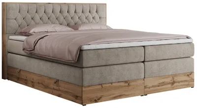 Produktbild von MKS MEBLE King Boxspringbett 160x200 mit Bettkasten Eiche, Polsterbett 160x200 mit Matratze H4, Bett 160x200 mit Kopfteil, Bett mit Holzrahmen in Wotan Eiche - Beige Struktur - Amore King