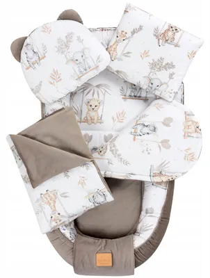 Obrázek produktu pro Jukki hnízdečko pro miminko 5dílná sada Comfort 100x55 cm s matrací, dekou a polštářem – Happy Jungle & Latte Velvet