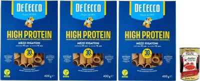 Produktbild von De Cecco Mezzi rigatoni Nr. 26, High protein, Italienische Hartweizennudeln, 3 Packungen à 400g, Pasta aus 100% italienischem Hartweizen, + Italian Gourmet polpa 400g