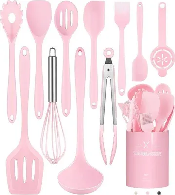 Image de Ensemble de 12 ustensiles de cuisine en silicone Unyqoos®, avec support, résistant à la chaleur jusqu'à 210 °C (450 °F), antiadhésif, ergonomique, lavable au lave-vaisselle, couleur rose