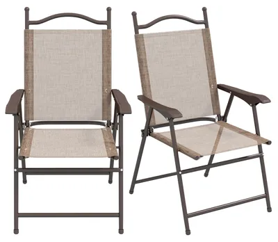 Produktbild von Set mit 2 klappbaren Gartenstš¹hlen mit Armlehnen und atmungsaktivem Stoffsitz, Braun
