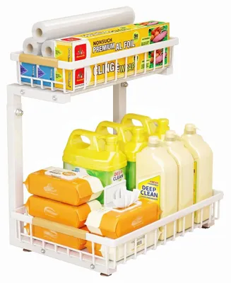 Produktbild von 2-stöckiger Spülschrank-Organizer - L-förmiges ausziehbares Regal - Verstellbares Stahlgestell - Schiebekorb mit Saugnäpfen - Weiß A