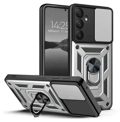 A protective phone case with a camera cover and a ring holder is displayed from multiple angles.