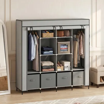 Produktbild von SUGIFT Stoffschrank mit 2 Kleiderstangen, Kleiderschrank Stoff, 10 Fächer, faltbar, Dunkelgrau | 10 Rollen | 166 x 42,5 x 169,5 cm