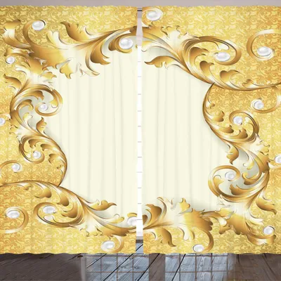 Obrázek produktu pro ARANDE Pearls záclona, ilustrace rámu s ozdobami a perličkami v barokním stylu s květinovým vzorem, 280 x 225 cm, krémově žlutá