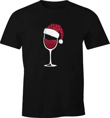 Produktbild von Herren T-Shirt Weihnachten lustig Weinglas mit Weihnachtsmütze Weihnachtsmotiv Fun-Shirt Moonworks® schwarz L