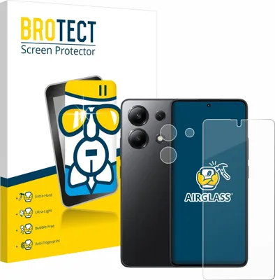 A product shot of a screen protector for a Xiaomi Redmi Note 13, with packaging and a phone.