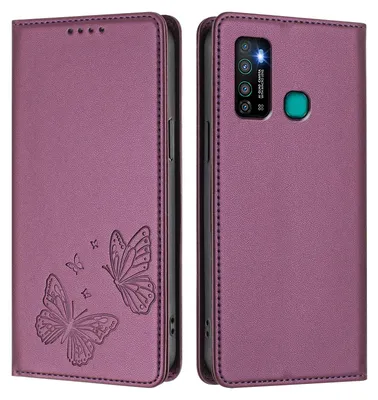 Obrázek produktu pro Kožené pouzdro pro Tecno Camon 15/15 Air/Infinix Hot 9/Hot 9 Pro, motýlí ražbou, peněženkové flip pouzdro se stojánkem Fialová
