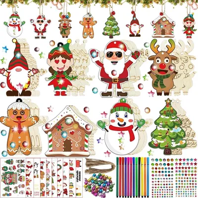 Image de Kit de loisirs créatifs pour Noël, pour enfants, comprenant 306 pièces : pendentifs en bois à décorer, pour créer des décorations de Noël et des ornements pour le sapin
