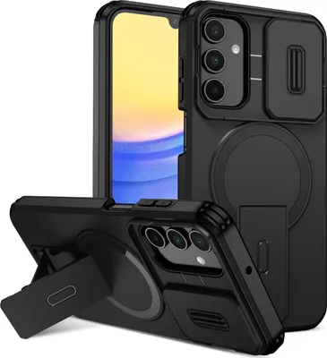 Produktbild von Magnetisch Hülle für Samsung Galaxy A15 5G/4G, Dual Layer Stoßfest Handyhülle mit Dia Kameraschutz, Verstellbarem Ständer Schwarz