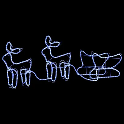 A lighted decoration of two reindeer pulling a sleigh, against a black background.