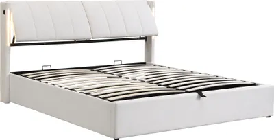 Produktbild von Flieks Polsterbett 160x200cm mit USB, Stauraumbett Doppelbett mit Lattenrost und Verstellbarem Kopfteil, Boxspringbett Jugendbett mit LED, PU, Weiß