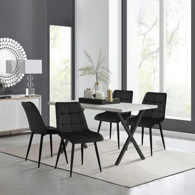 Image de Ensemble de salle à manger comprenant une table et 4 chaises. Table de cuisine rectangulaire en bois avec imitation marbre, de couleur grise, et 4 chaises en velours noir