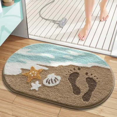 Immagine prodotto di Tappetino da bagno, motivo spiaggia, 50x80 cm, color sabbia, in microfibra, antiscivolo, lavabile