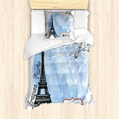 Produktbild von ABAKUHAUS Eiffelturm Mantele, Aquarell Paris, Milbensicher Allergiker geeignet mit Kissenbezügen, 135 cm x 200 cm - 80 x 80 cm, Blau