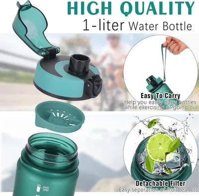 Trinkflasche, 1 Liter, Sportwasserflasche, auslaufsichere Trinkflasche mit Filter, motivierende Trinkflasche für Familien