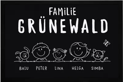 Produktbild von Fußmatte Familie 1, 2, 3 & mehr Kinder Hund Katze personalisiert mit Namen rutschfest & waschbar SpecialMe® schwarz 60x40cm