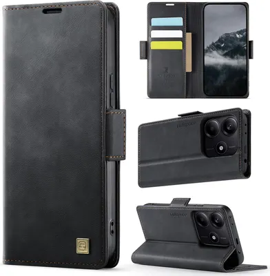Image de Étui en cuir pour Xiaomi Redmi Note 14 5G, protection RFID, fermeture magnétique, fentes pour cartes et support Noir