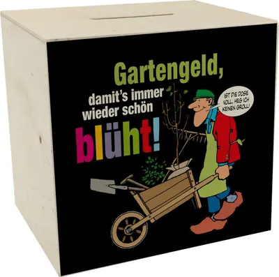 Produktbild von Gartengeld: Blütenpracht ohne Groll Spardose aus Holz mit Spruch