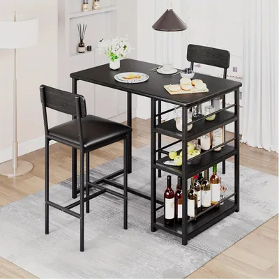 Image de Ensemble de table de bar robuste comprenant deux tabourets et trois étagères de rangement, en métal noir et bois