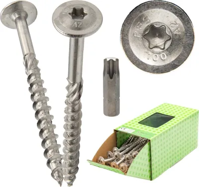 A collection of stainless steel screws and a screwdriver bit, along with a box of screws.