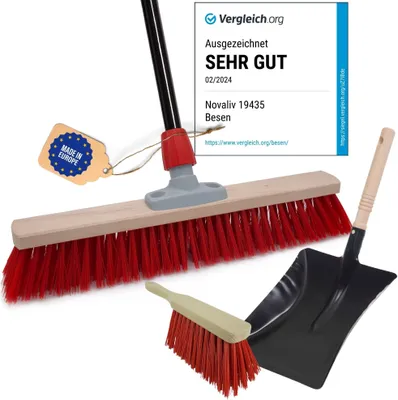 Produktbild von Novaliv Straßenbesen mit Stiel 60 cm Elaston Borsten inkl. Kehrgarnitur verzinkt mit Gummilippe bestehend aus Kehrblech & Handfeger Idealer Gartenbesen Terassenbesen Hofbesen Stallbesen Outdoor broom