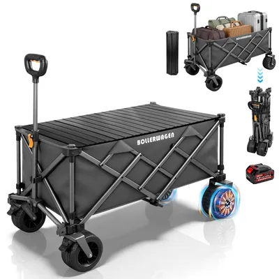 Produktbild von Faltbar Elektrokarre Bollerwagen 280L 120KG mit 50W bürstenlosem Motor Belastbar Gartenwagen mit 4.0AH Akku, 3 Gang, mit Tischplatte, Grau