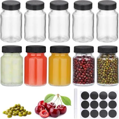 Productafbeelding van Set van 10 glazen flesjes van 60 ml met dop, etiketten en brede opening – transparant