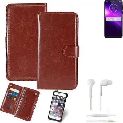 Produktbild von K-S-Trade 360° Hülle kompatibel mit Motorola One Macro inkl. Headphones braun Kunstleder Case BookCase WalletCase Kunstlederederhülle Handyhülle,
