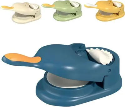 A collage of dumpling makers in different colors, with a close-up of a blue one in the foreground.