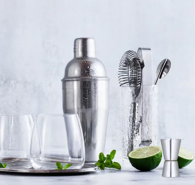 Produktbild von Relaxdays Cocktailset 5-teilig, rostfreier Edelstahl, Shaker, Sieb, Barlöffel, Zange, Cocktail Shaker, Barmaß, silber