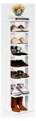Produktbild von Schuhregal mit 8 Ebenen aus Holz, vertikal und platzsparend, freistehender Schuh-Organizer für Zuhause, weiß