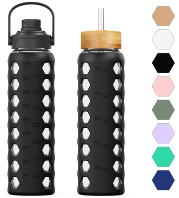 Obrázok produktu pre 950 ml sklenená fľaša na vodu so slamkou a viečkom