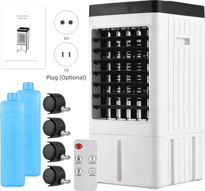 Produktbild von Verdunstungsluftkühler, 100°-Oszillations-Sumpfkühler mit 2 Eisboxen / 2,11 Gallonen Wassertank, 3 Windgeschwindigkeiten, leiser Betrieb, flügelloser Kühlventilator, Luftbefeuchter für die Verwendung im Innenbereich, im Home-Office-Wohnheim