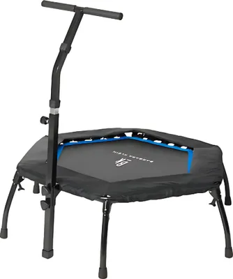 Produktbild von HAWAKO Trampolin | Gelenkschonendes Fitness-Trampolin mit Haltegriff | Höhenverstellbar, klappbar, Ganzkörpertraining | Blau/Schwarz