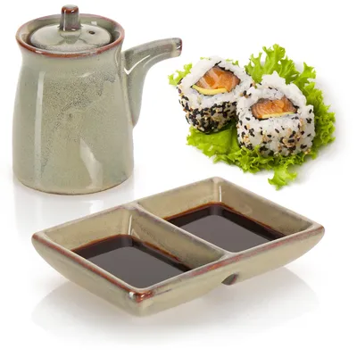 Sushi-Servierset aus Keramik, 2-teilig, Sojasoßenschale