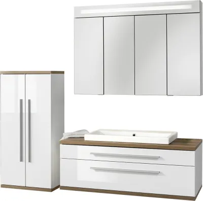Produktbild von Fackelmann STANFORD Badmöbel Set 4-teilig, 110 cm breit, Weiß,Keramik+Spiegelschrank+Midischrank