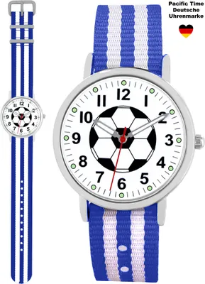 Produktbild von Pacific Time Armbanduhr Kinderuhr Jungen Fußball Sport Nylon Wechselarmband blau weiß 86821