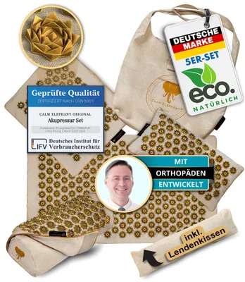 Produktbild von CALM ELEPHANT ORIGINAL Akupressurmatte "ULTIMATE" Premium XXL Set für Einsteiger, 6-teilig mit Lendenkissen und Kniekissen Ganzkörpermassage, beige