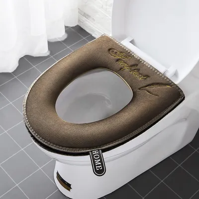 Produktbild von 2 Stück dickere Badezimmer-Toilettensitzbezüge mit Griff, WC-Deckelbezug, Kissen, weich, dicker, waschbar, passend für alle ovalen WC-Sitze, braun