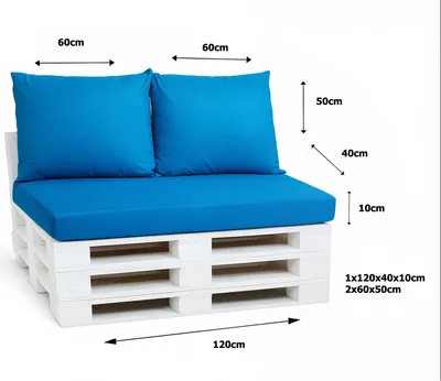Obrázok produktu pre Sada vankúšov na palety 120 x 40 x 10 cm + 2 x 50 x 40 cm – vankúše na sedenie a opieranie chrbta, odnímateľné poťahy, vhodné na vonkajšie použitie, 3-dielne, modré