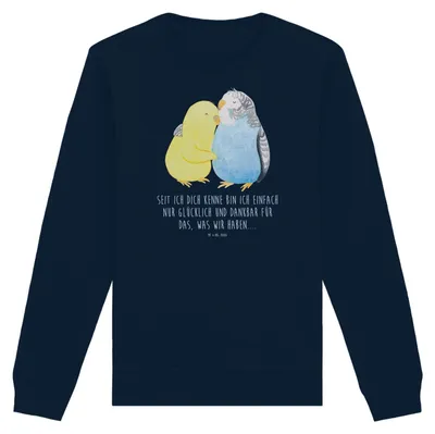 Produktbild von Mr. & Mrs. Panda Baumwoll Pullover Wellensittich Liebe Größe M - French Navy - Geschenk, Freundin, Sweater, Sweatshirt, Beziehung, Pulli, Bio-Pullover, Kuscheln, Vögel